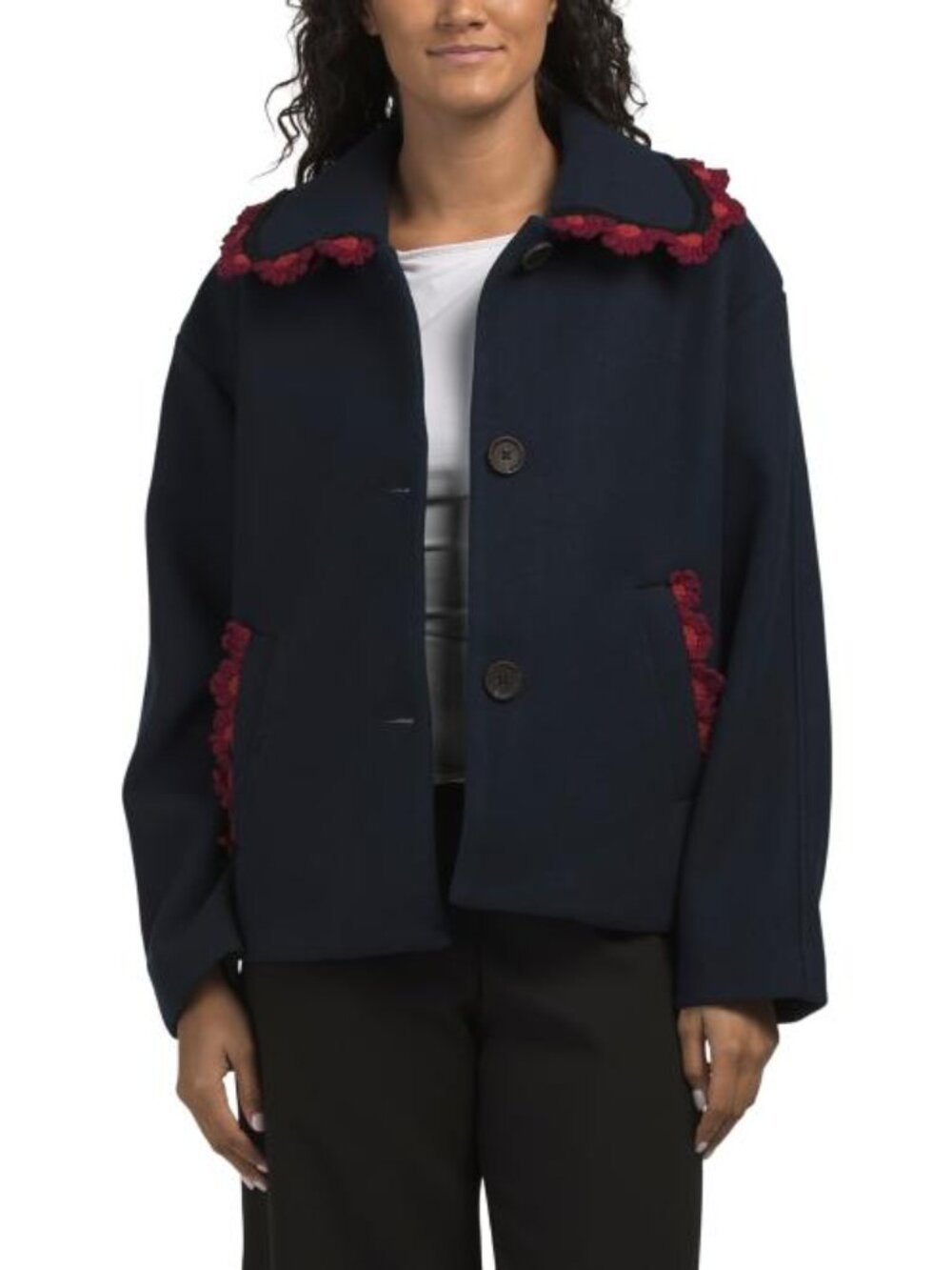 NVLT Faux Wool Cropped Jacket With Contrast Crotchet Trim